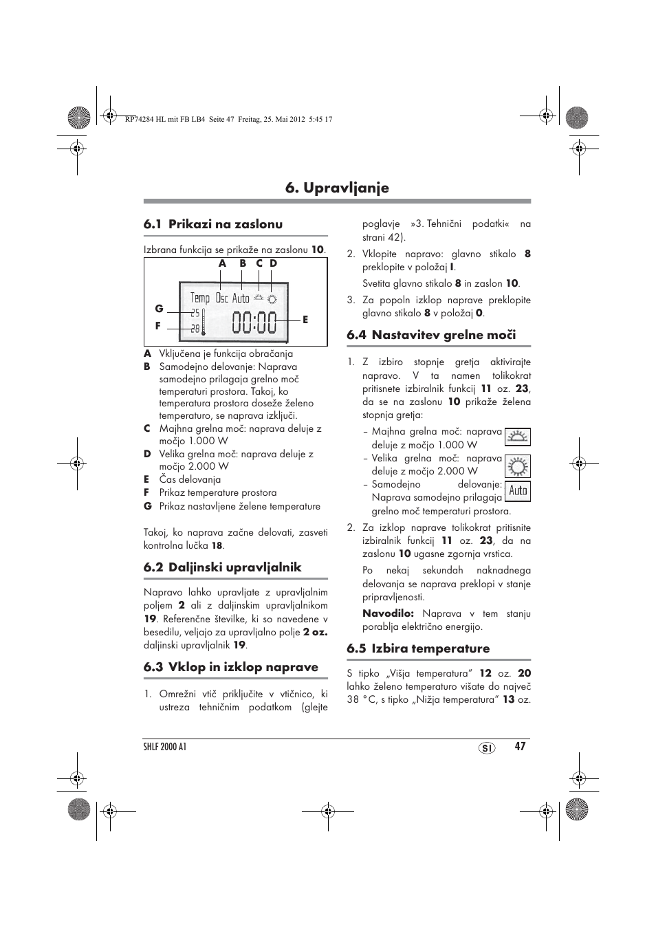 Upravljanje | Silvercrest SHLF 2000 A1 User Manual | Page 49 / 90