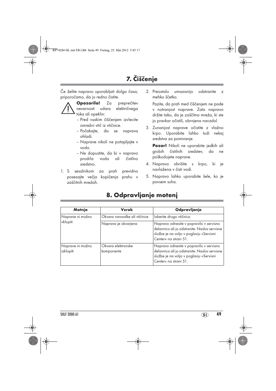 Čiščenje, Odpravljanje motenj | Silvercrest SHLF 2000 A1 User Manual | Page 51 / 90