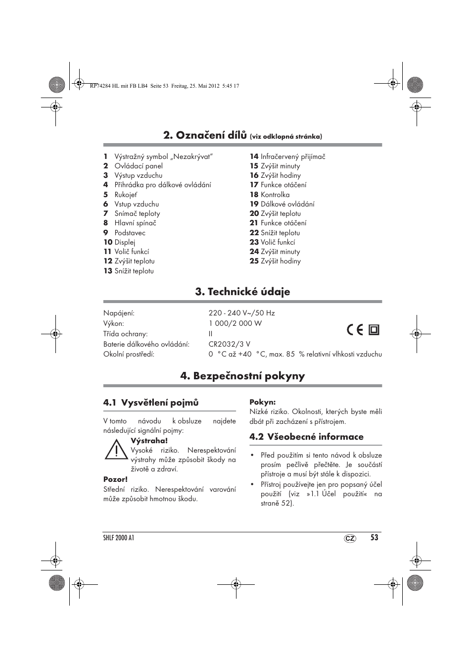 Označení dílů, Technické údaje, Bezpečnostní pokyny | Silvercrest SHLF 2000 A1 User Manual | Page 55 / 90