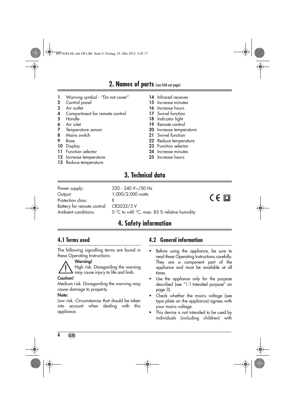Names of parts, Technical data, Safety information | 1 terms used, 2 general information | Silvercrest SHLF 2000 A1 User Manual | Page 6 / 90