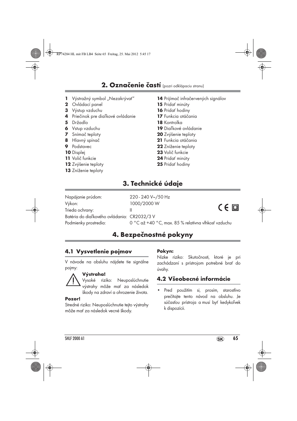 Označenie častí, Technické údaje, Bezpečnostné pokyny | Silvercrest SHLF 2000 A1 User Manual | Page 67 / 90