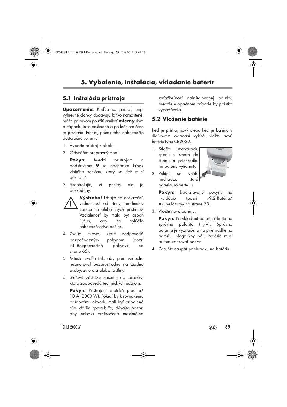 Vybalenie, inštalácia, vkladanie batérir | Silvercrest SHLF 2000 A1 User Manual | Page 71 / 90