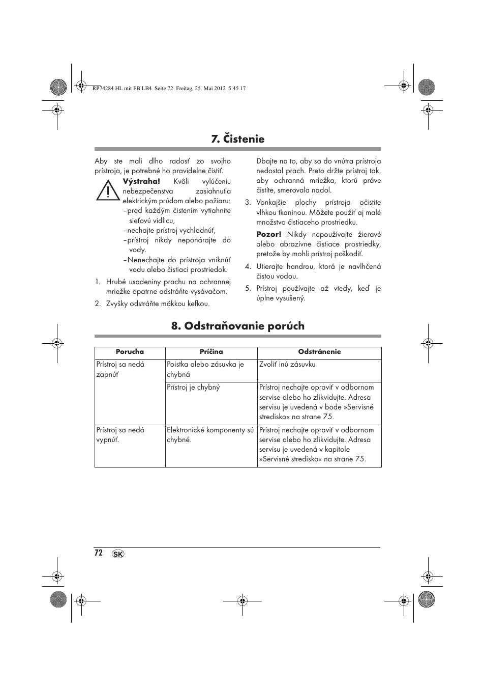 Čistenie, Odstraňovanie porúch | Silvercrest SHLF 2000 A1 User Manual | Page 74 / 90