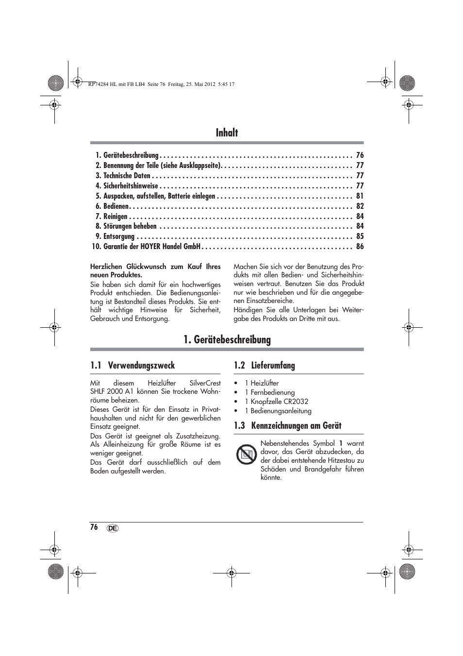 Inhalt, Gerätebeschreibung | Silvercrest SHLF 2000 A1 User Manual | Page 78 / 90