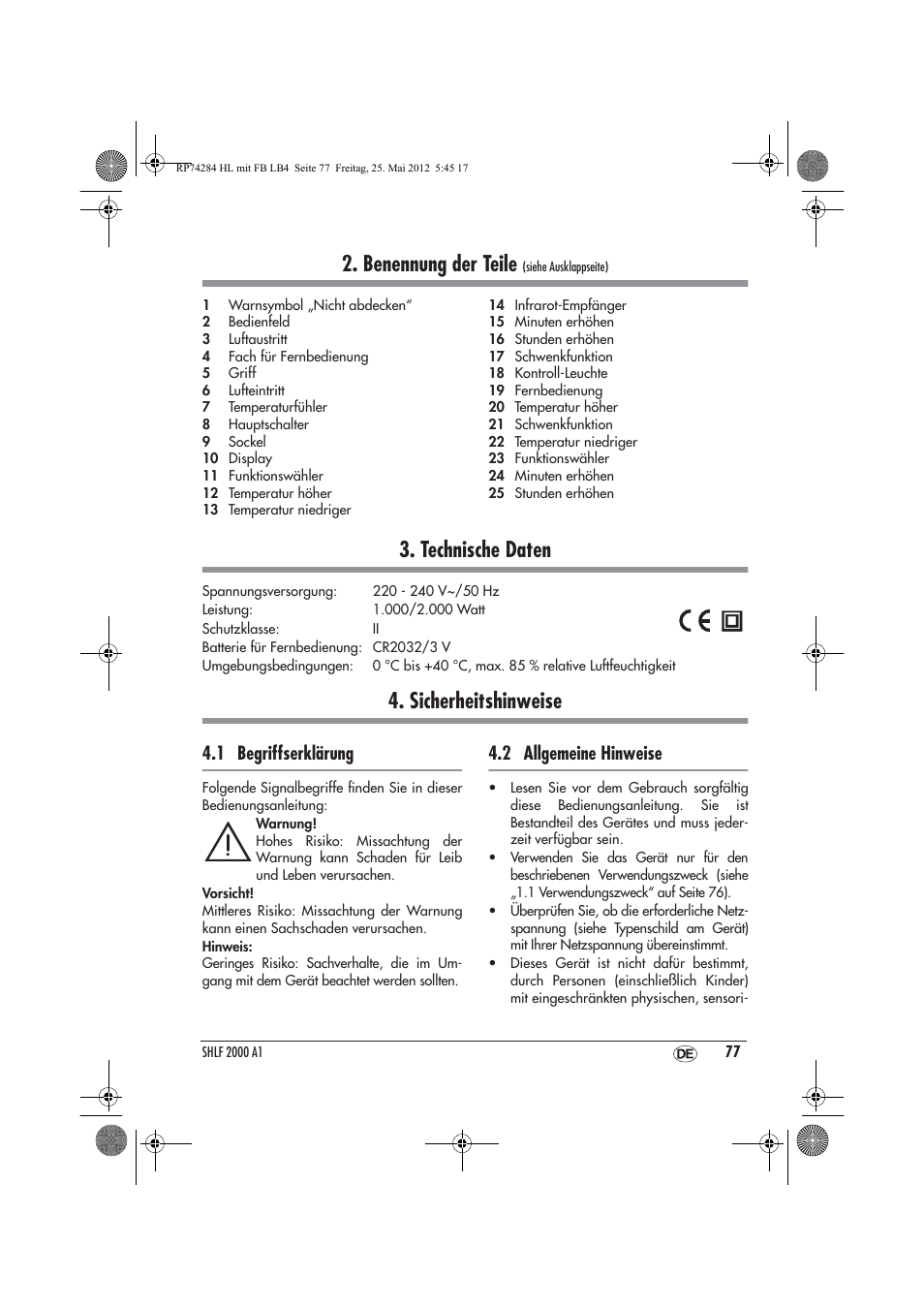 Benennung der teile, Technische daten, Sicherheitshinweise | 1 begriffserklärung, 2 allgemeine hinweise | Silvercrest SHLF 2000 A1 User Manual | Page 79 / 90