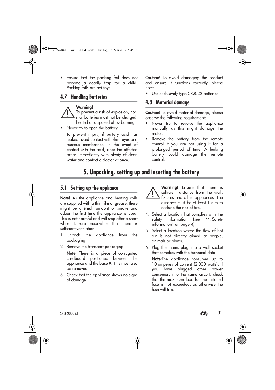 Unpacking, setting up and inserting the battery, 7 handling batteries, 8 material damage | 1 setting up the appliance | Silvercrest SHLF 2000 A1 User Manual | Page 9 / 90