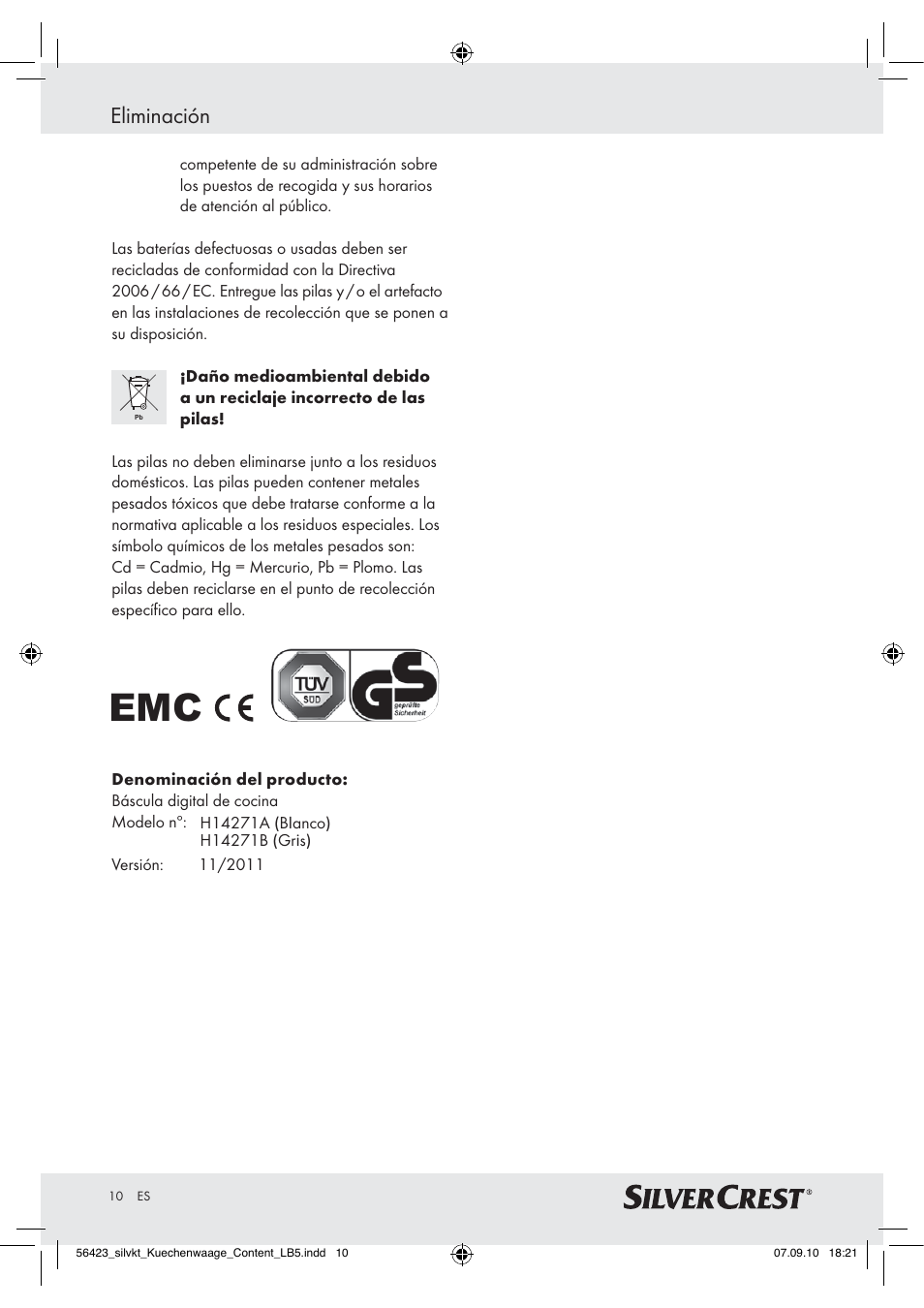 Eliminación | Silvercrest H14271 H14271 User Manual | Page 10 / 43