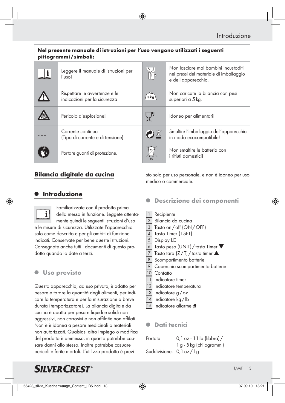 Introduzione, Bilancia digitale da cucina, Uso previsto | Descrizione dei componenti, Dati tecnici | Silvercrest H14271 H14271 User Manual | Page 13 / 43