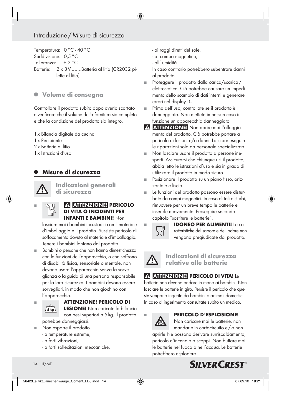 Introduzione / misure di sicurezza, Volume di consegna, Indicazioni di sicurezza relative alle batterie | Silvercrest H14271 H14271 User Manual | Page 14 / 43