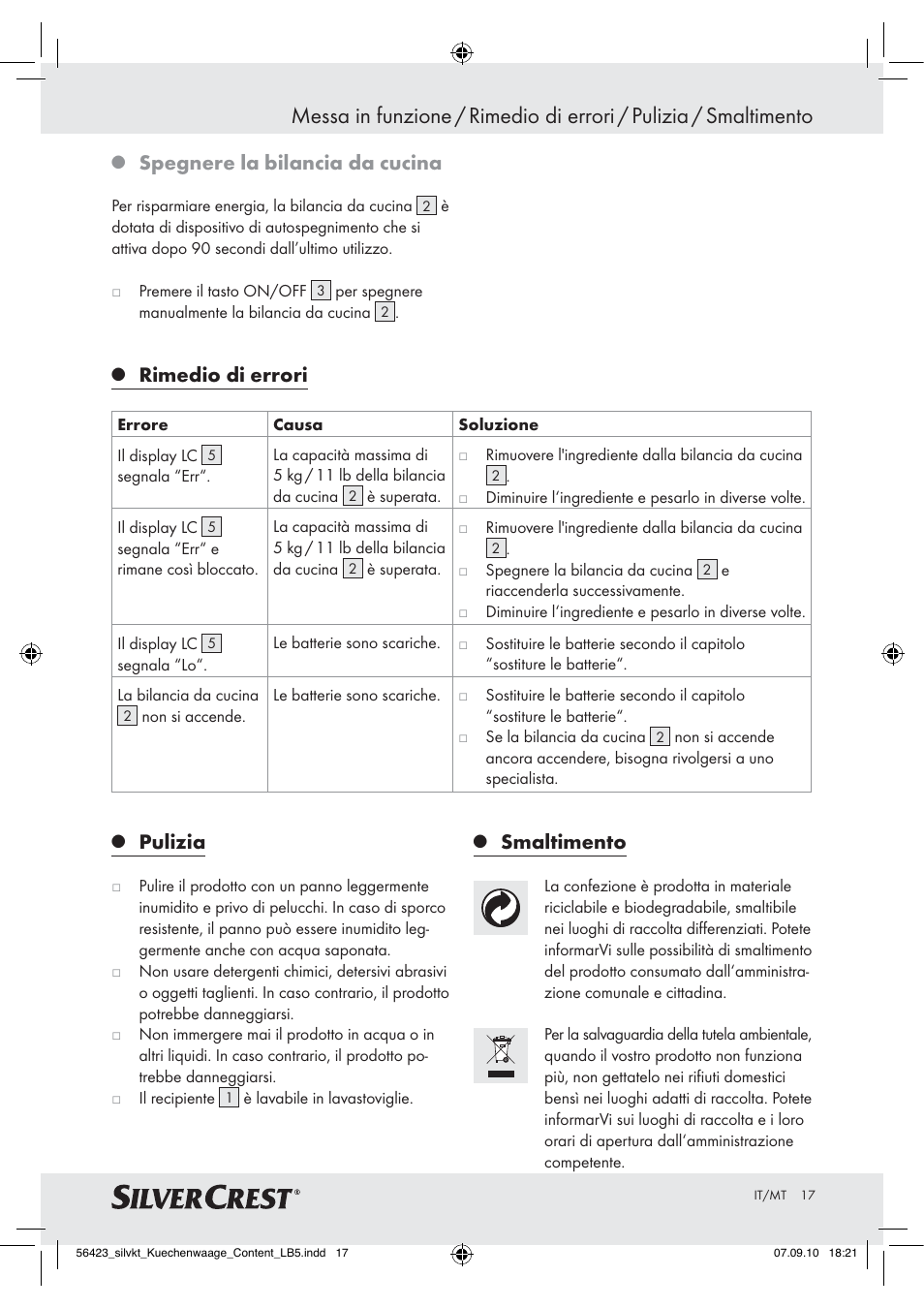 Spegnere la bilancia da cucina, Pulizia, Smaltimento | Rimedio di errori | Silvercrest H14271 H14271 User Manual | Page 17 / 43