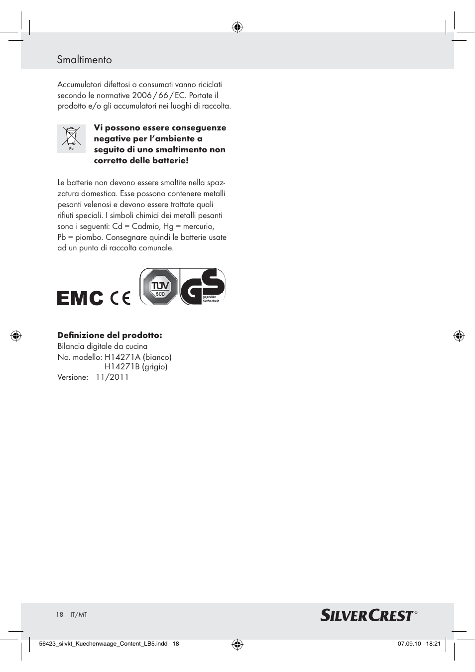 Smaltimento | Silvercrest H14271 H14271 User Manual | Page 18 / 43