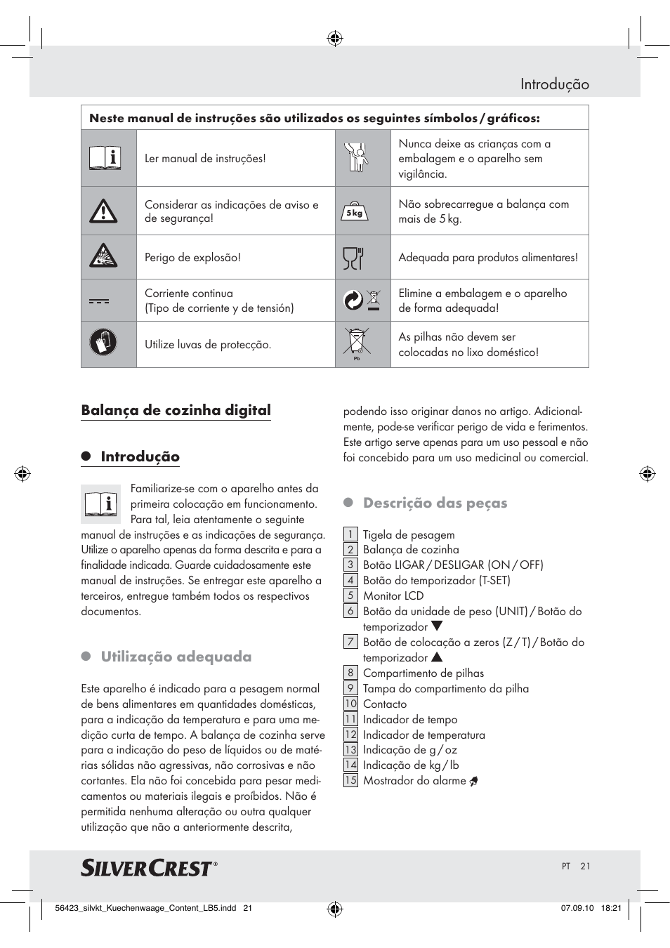 Introdução, Balança de cozinha digital, Utilização adequada | Descrição das peças | Silvercrest H14271 H14271 User Manual | Page 21 / 43