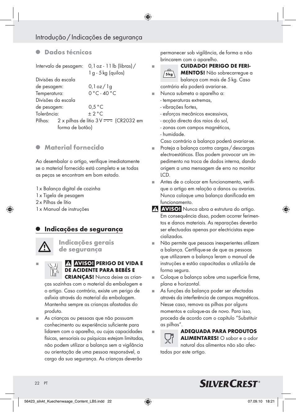 Introdução / indicações de segurança, Dados técnicos, Material fornecido | Silvercrest H14271 H14271 User Manual | Page 22 / 43