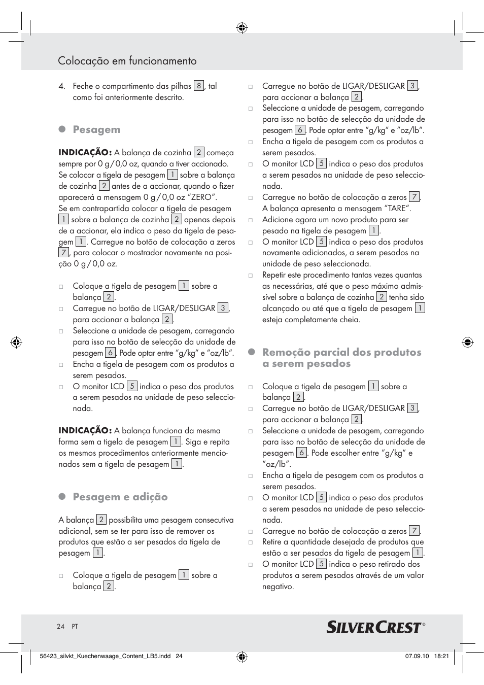 Colocação em funcionamento, Pesagem, Pesagem e adição | Remoção parcial dos produtos a serem pesados | Silvercrest H14271 H14271 User Manual | Page 24 / 43