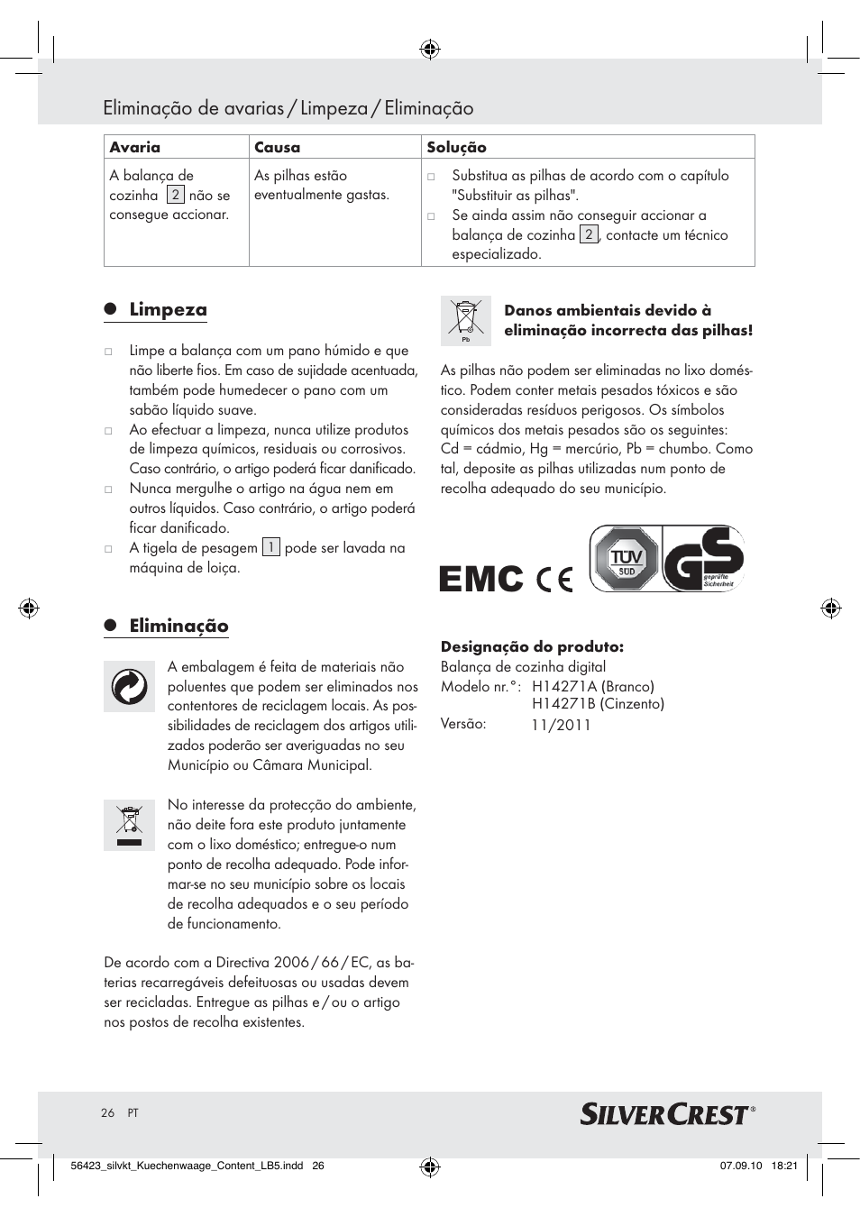 Eliminação de avarias / limpeza / eliminação, Limpeza, Eliminação | Silvercrest H14271 H14271 User Manual | Page 26 / 43