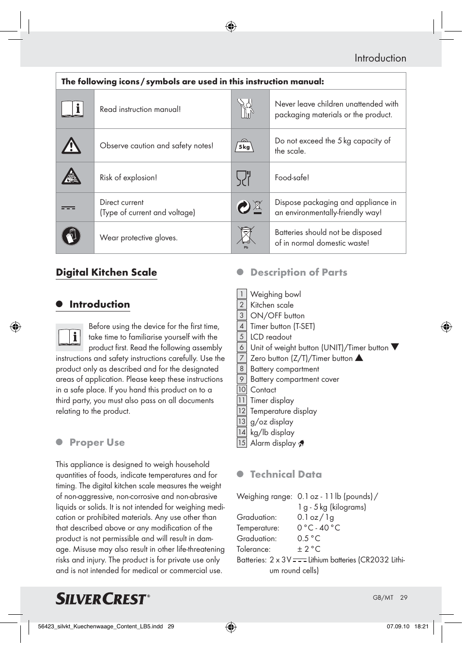 Introduction, Digital kitchen scale, Proper use | Description of parts, Technical data | Silvercrest H14271 H14271 User Manual | Page 29 / 43