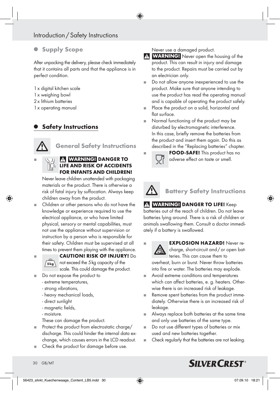 Introduction / safety instructions, Supply scope, Safety instructions general safety instructions | Battery safety instructions | Silvercrest H14271 H14271 User Manual | Page 30 / 43