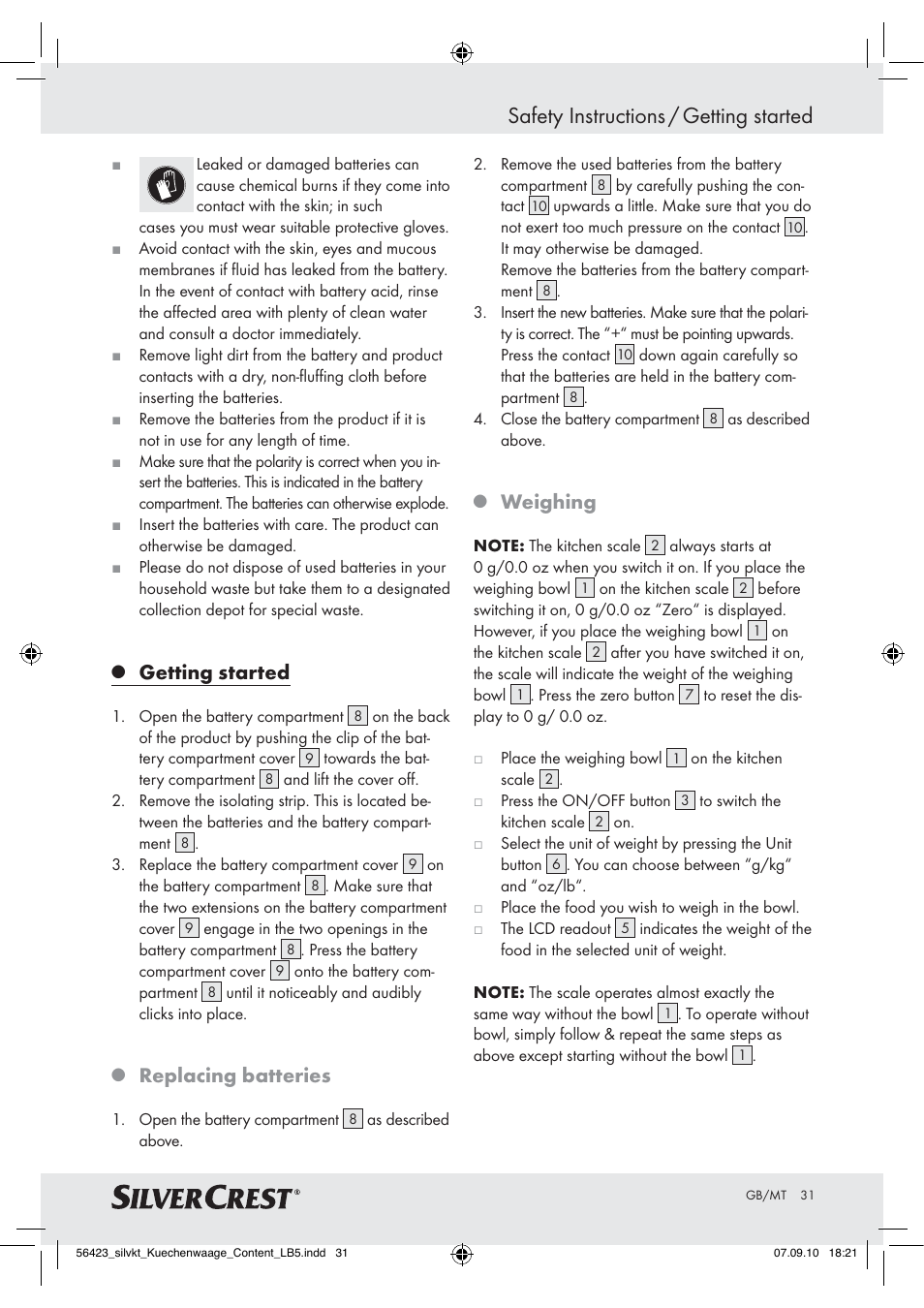 Safety instructions / getting started, Getting started, Replacing batteries | Weighing | Silvercrest H14271 H14271 User Manual | Page 31 / 43
