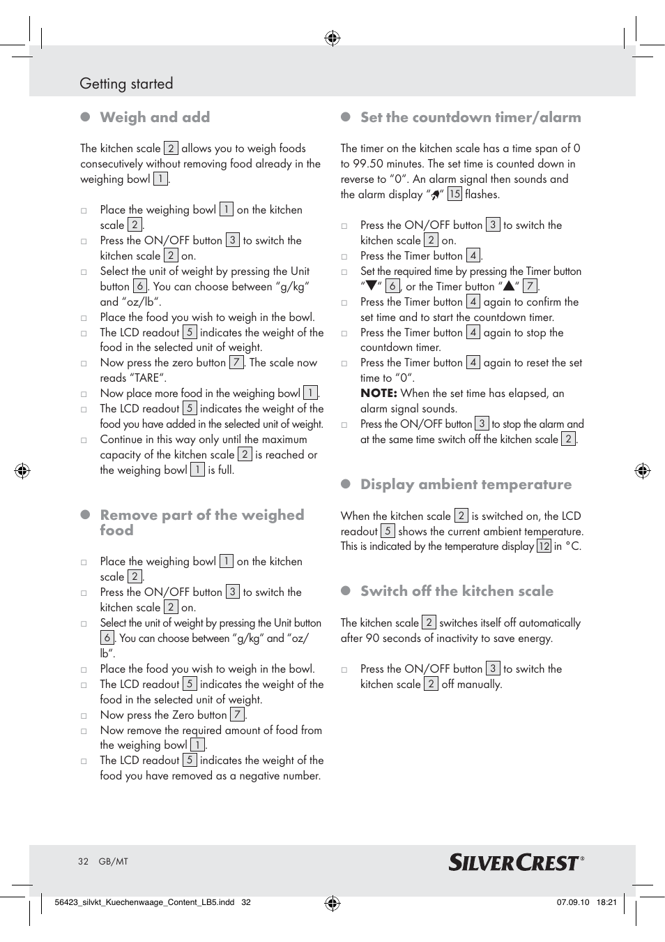 Getting started, Weigh and add, Remove part of the weighed food | Set the countdown timer/alarm, Display ambient temperature, Switch oﬀ the kitchen scale | Silvercrest H14271 H14271 User Manual | Page 32 / 43