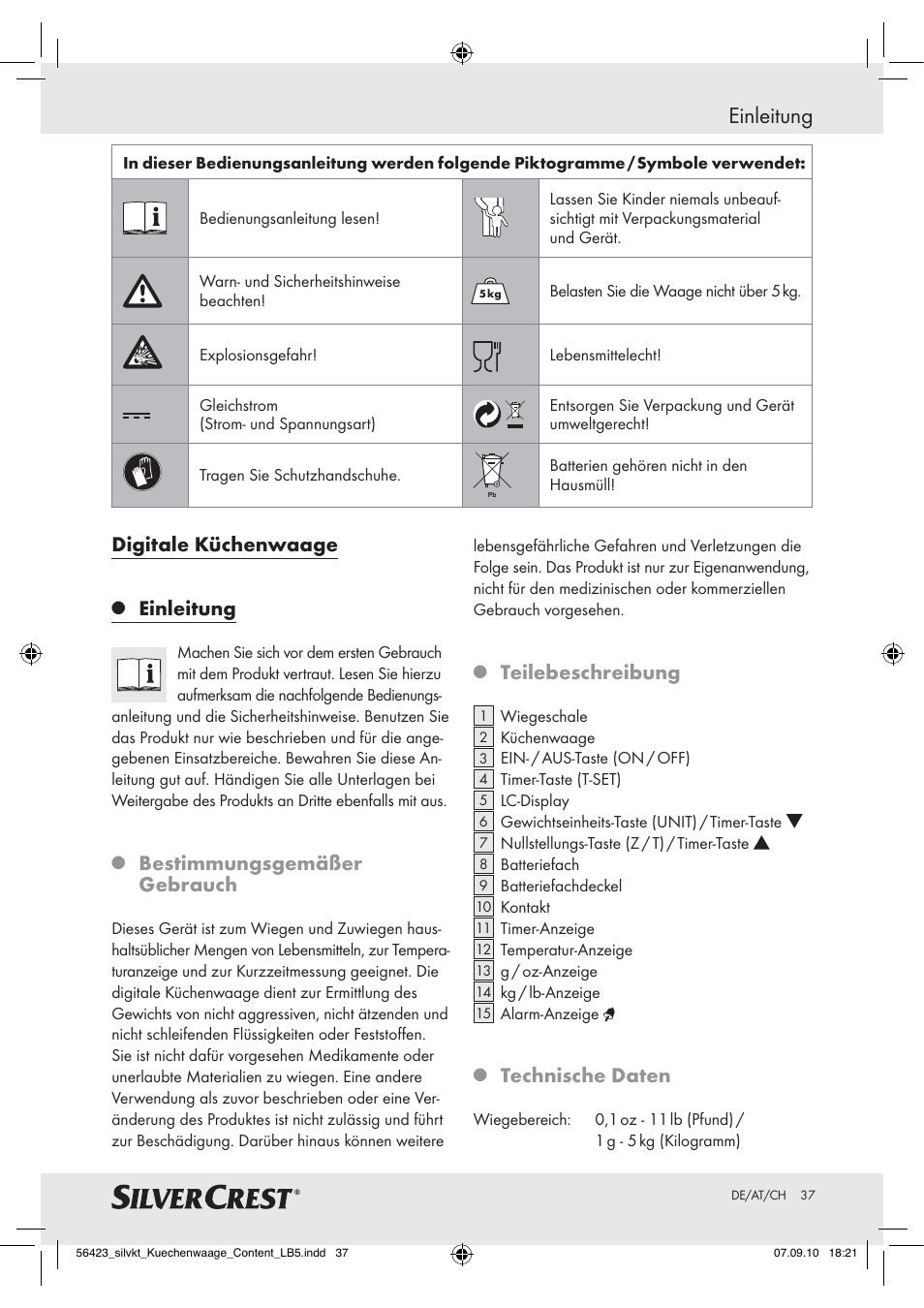 Einleitung, Digitale küchenwaage, Bestimmungsgemäßer gebrauch | Teilebeschreibung, Technische daten | Silvercrest H14271 H14271 User Manual | Page 37 / 43