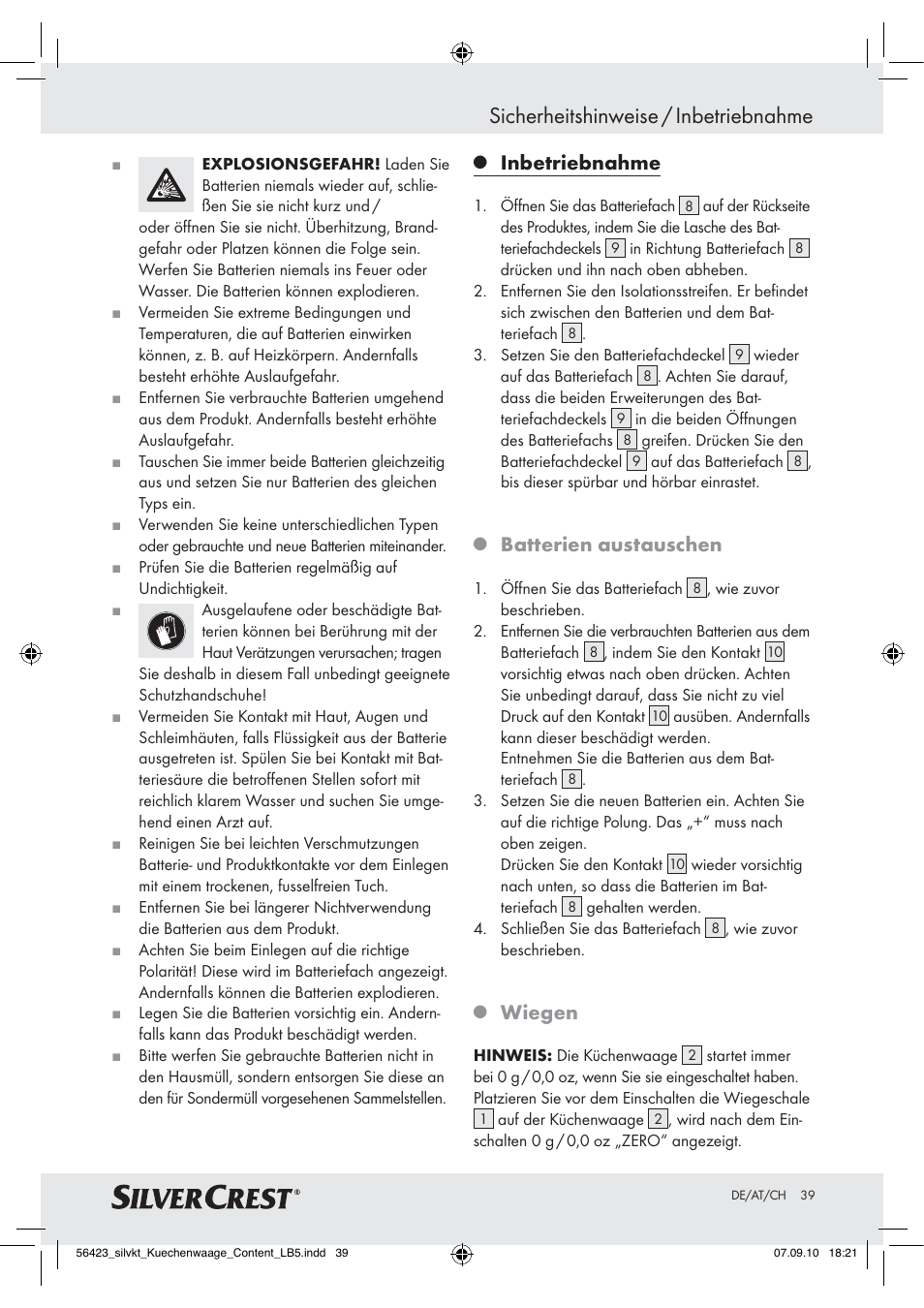 Sicherheitshinweise / inbetriebnahme, Inbetriebnahme, Batterien austauschen | Wiegen | Silvercrest H14271 H14271 User Manual | Page 39 / 43