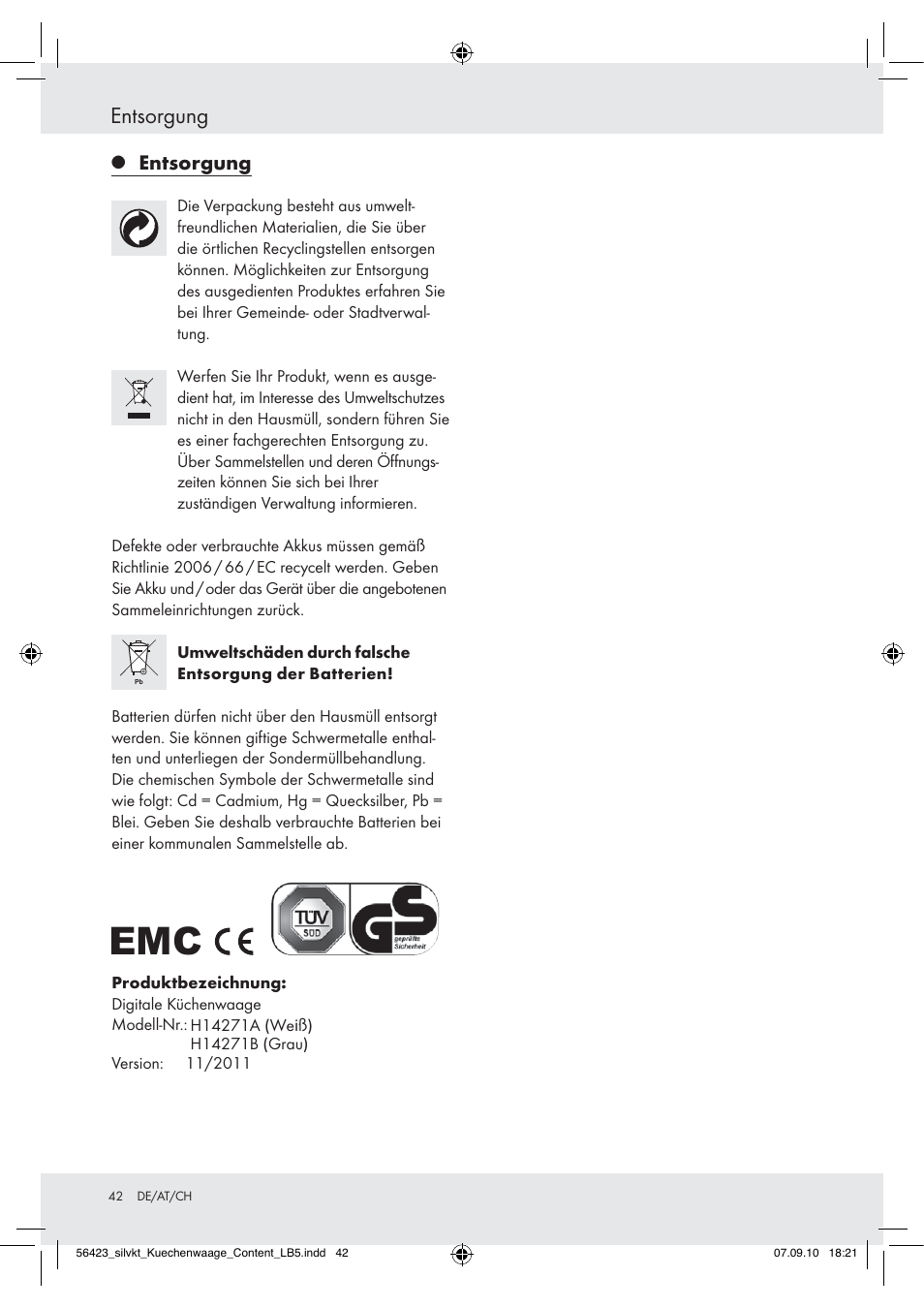 Entsorgung | Silvercrest H14271 H14271 User Manual | Page 42 / 43