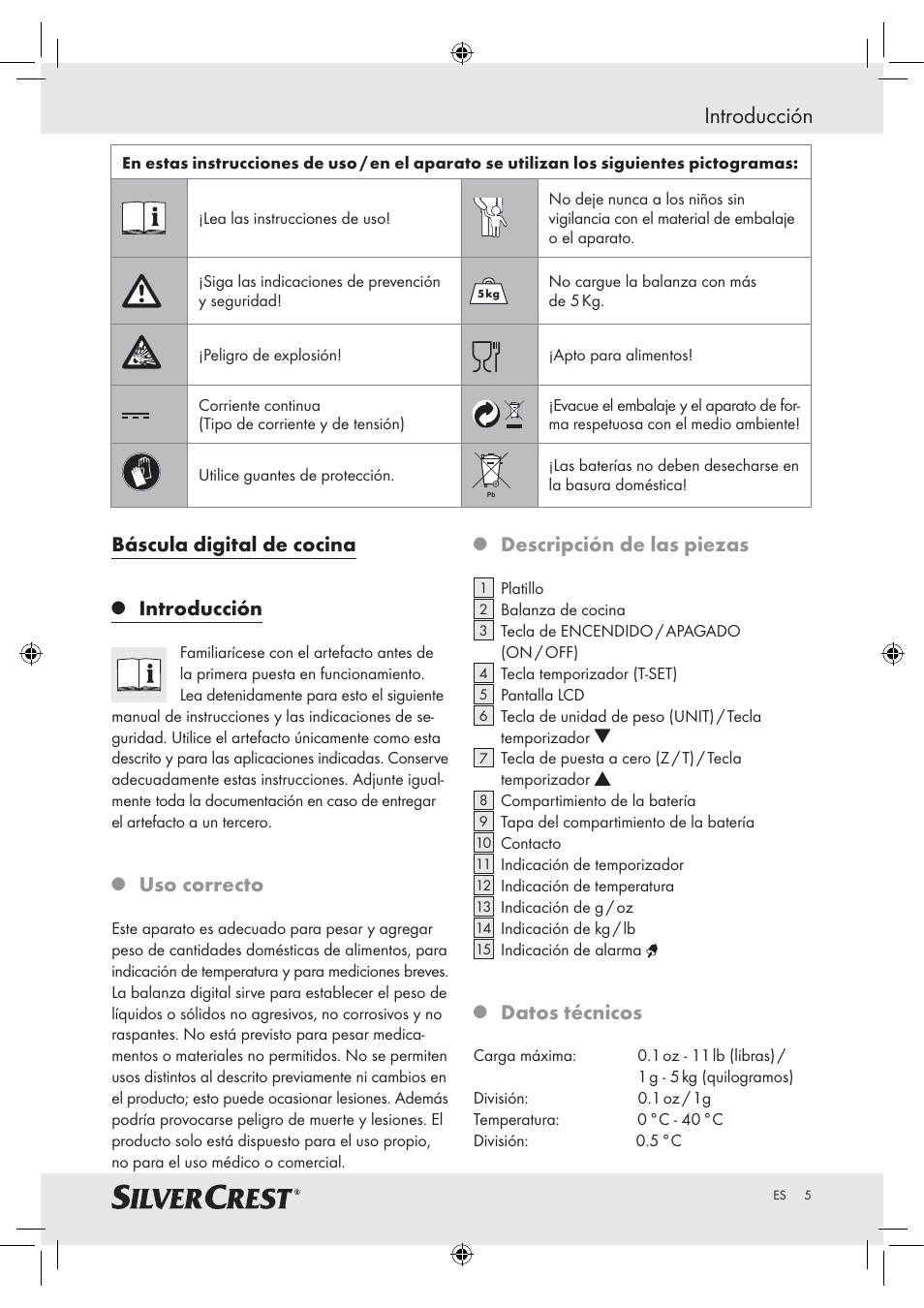 Introducción, Báscula digital de cocina, Uso correcto | Descripción de las piezas, Datos técnicos | Silvercrest H14271 H14271 User Manual | Page 5 / 43
