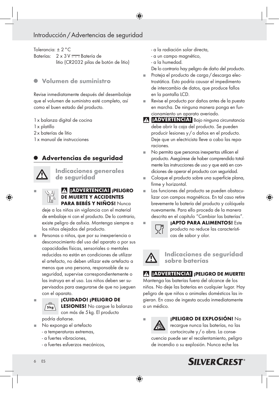 Introducción / advertencias de seguridad, Volumen de suministro, Indicaciones de seguridad sobre baterías | Silvercrest H14271 H14271 User Manual | Page 6 / 43