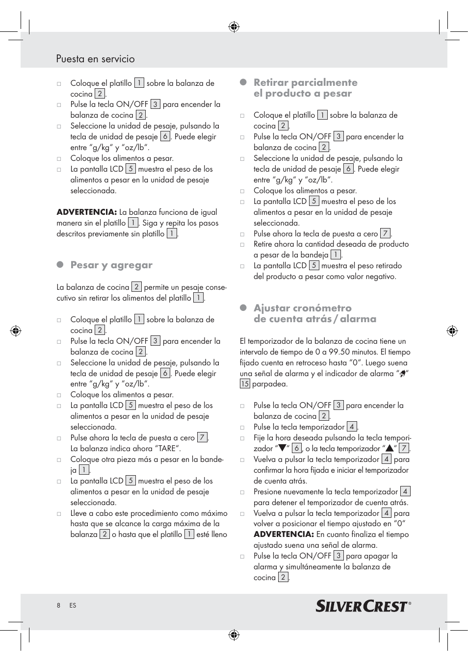 Puesta en servicio, Pesar y agregar, Retirar parcialmente el producto a pesar | Ajustar cronómetro de cuenta atrás / alarma | Silvercrest H14271 H14271 User Manual | Page 8 / 43