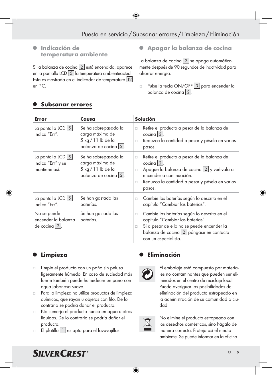 Indicación de temperatura ambiente, Apagar la balanza de cocina, Subsanar errores | Limpieza, Eliminación | Silvercrest H14271 H14271 User Manual | Page 9 / 43