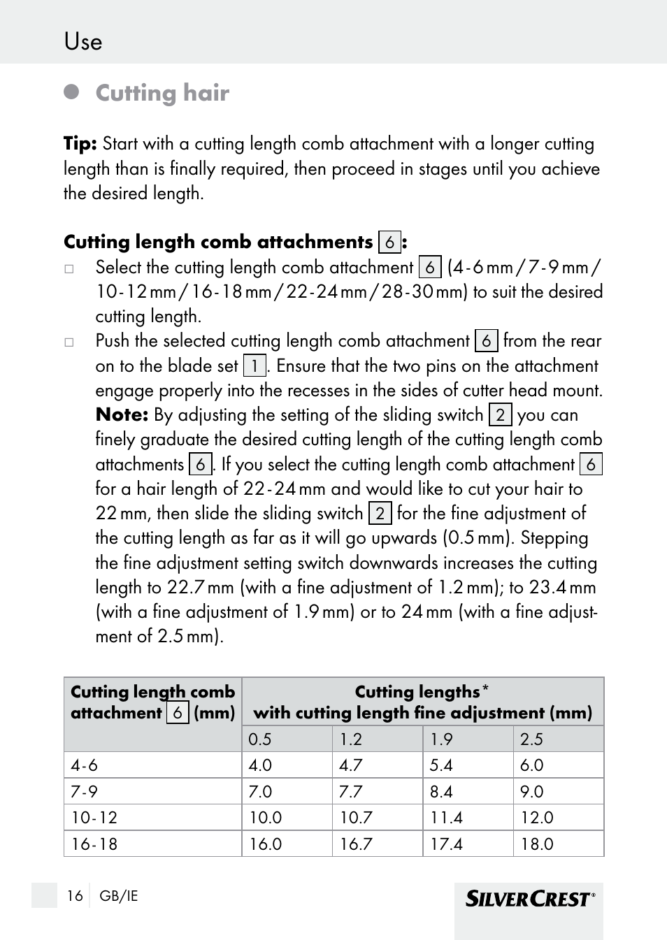 Cutting hair | Silvercrest SHBS 1000 A1 User Manual | Page 16 / 25