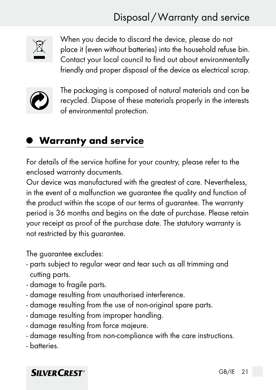Disposal / warranty and service, Warranty and service | Silvercrest SHBS 1000 A1 User Manual | Page 21 / 25