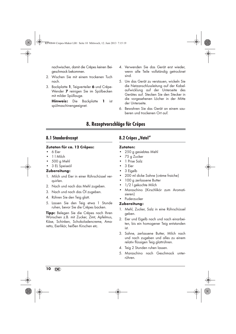 Rezeptvorschläge für crêpes, 1 standardrezept, 2 crêpes „vatel | Silvercrest SCM 1500 A1 User Manual | Page 12 / 66