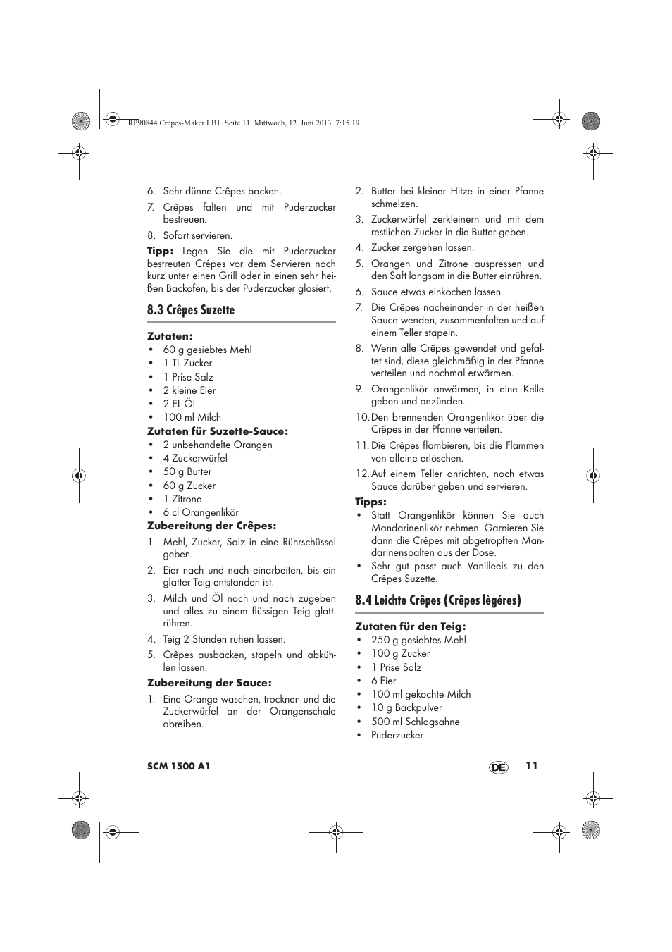 3 crêpes suzette, 4 leichte crêpes (crêpes lègéres) | Silvercrest SCM 1500 A1 User Manual | Page 13 / 66