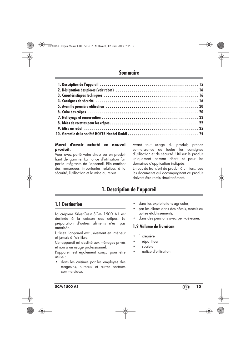 Sommaire, Description de l’appareil | Silvercrest SCM 1500 A1 User Manual | Page 17 / 66