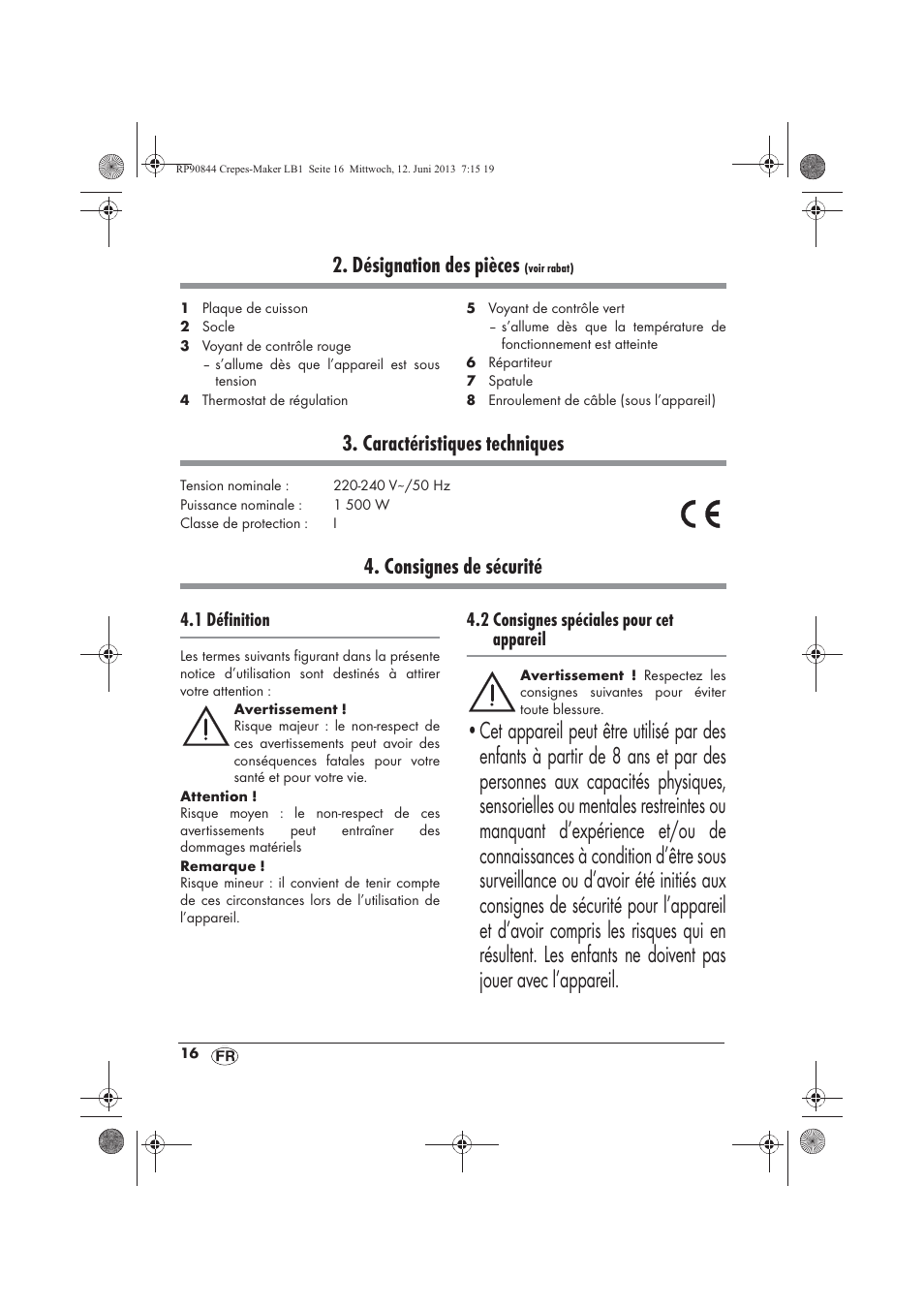 Désignation des pièces, Caractéristiques techniques, Consignes de sécurité | Silvercrest SCM 1500 A1 User Manual | Page 18 / 66