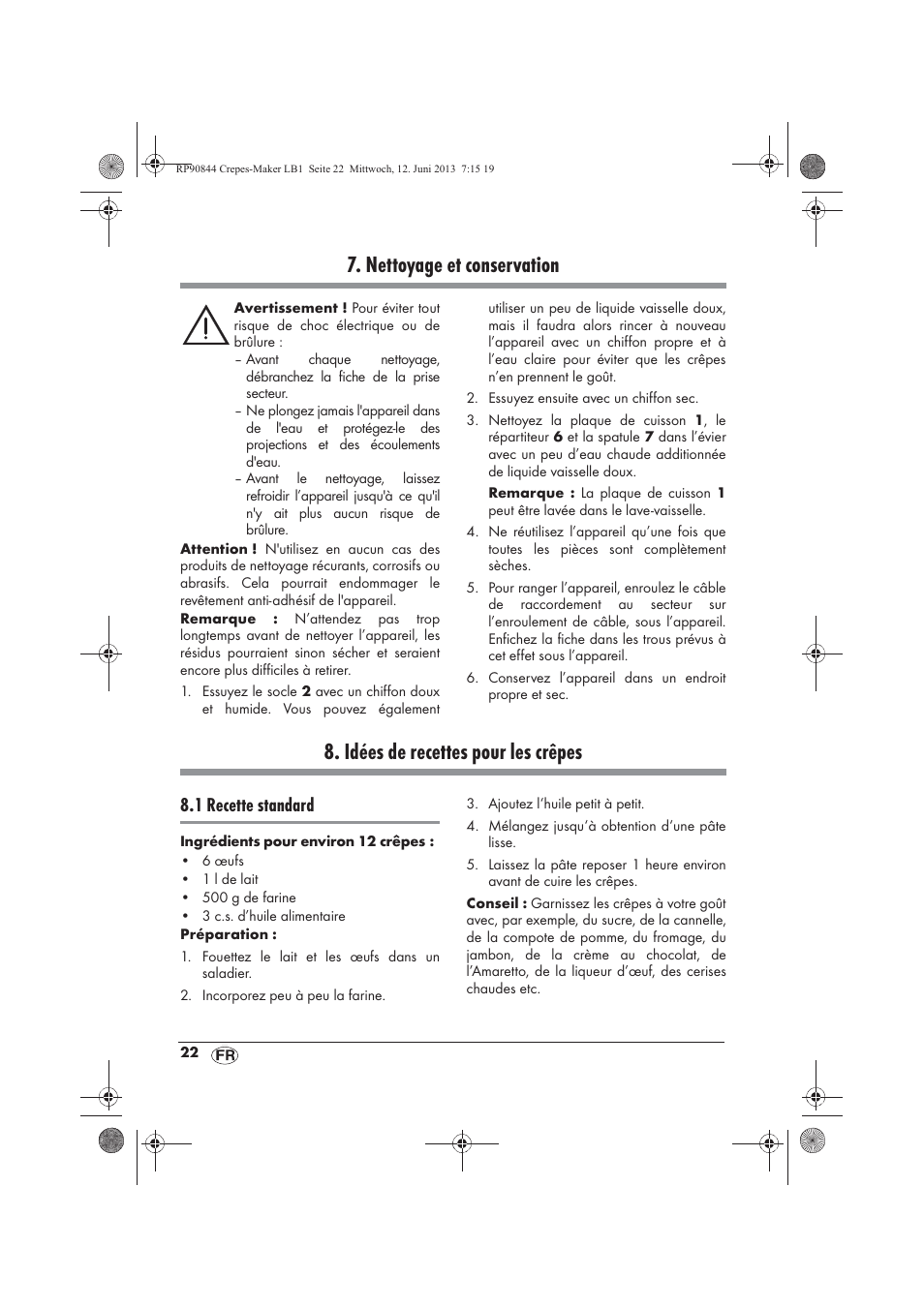 Nettoyage et conservation, Idées de recettes pour les crêpes, 1 recette standard | Silvercrest SCM 1500 A1 User Manual | Page 24 / 66