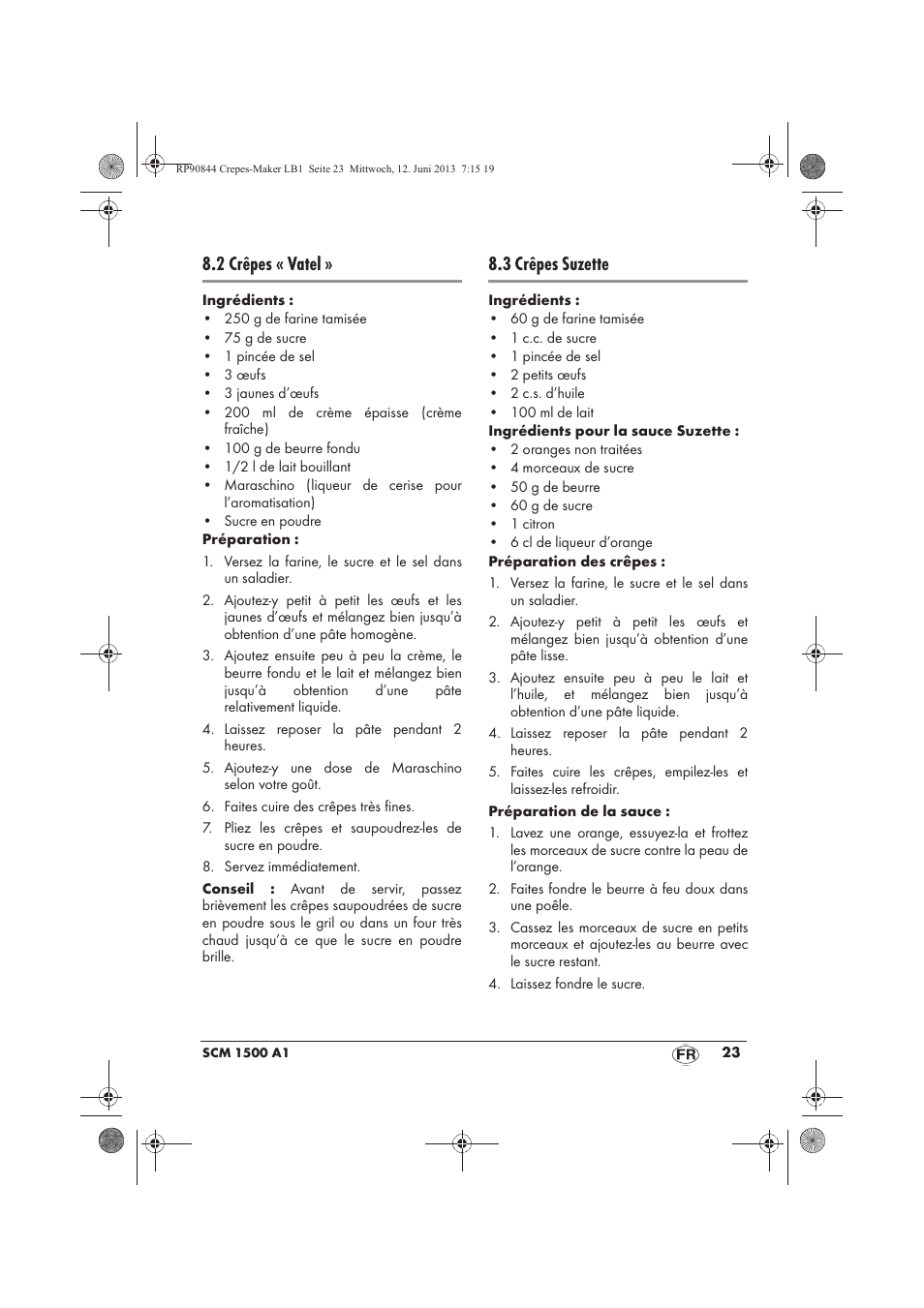 2 crêpes « vatel, 3 crêpes suzette | Silvercrest SCM 1500 A1 User Manual | Page 25 / 66