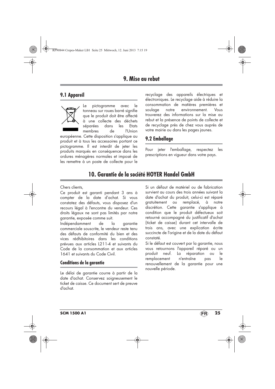 Mise au rebut, Garantie de la société hoyer handel gmbh | Silvercrest SCM 1500 A1 User Manual | Page 27 / 66