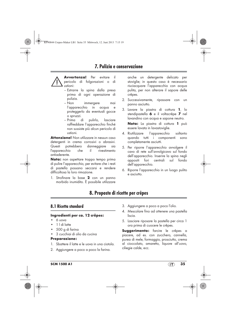 Pulizia e conservazione, Proposte di ricette per crêpes, 1 ricetta standard | Silvercrest SCM 1500 A1 User Manual | Page 37 / 66