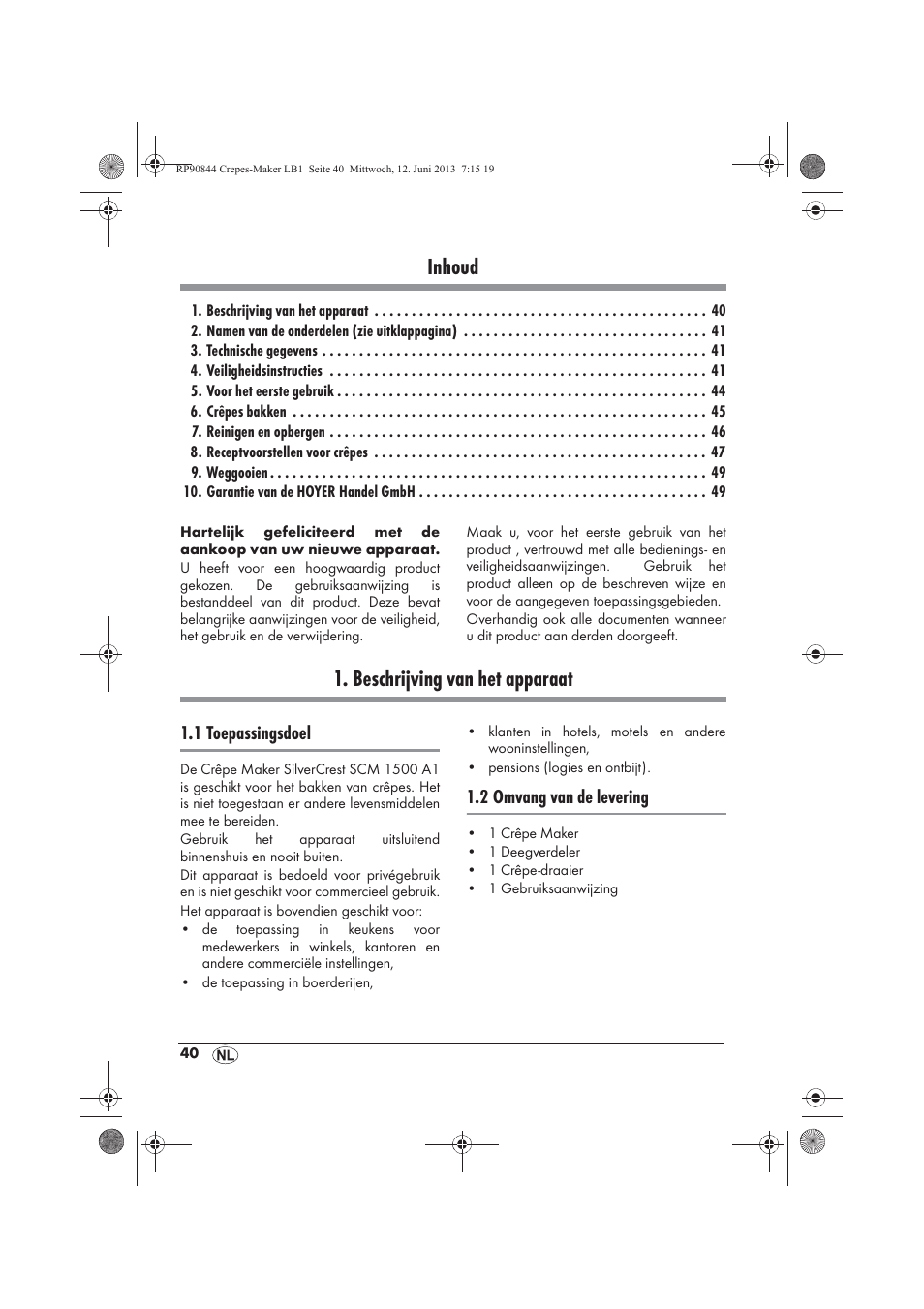 Inhoud, Beschrijving van het apparaat | Silvercrest SCM 1500 A1 User Manual | Page 42 / 66