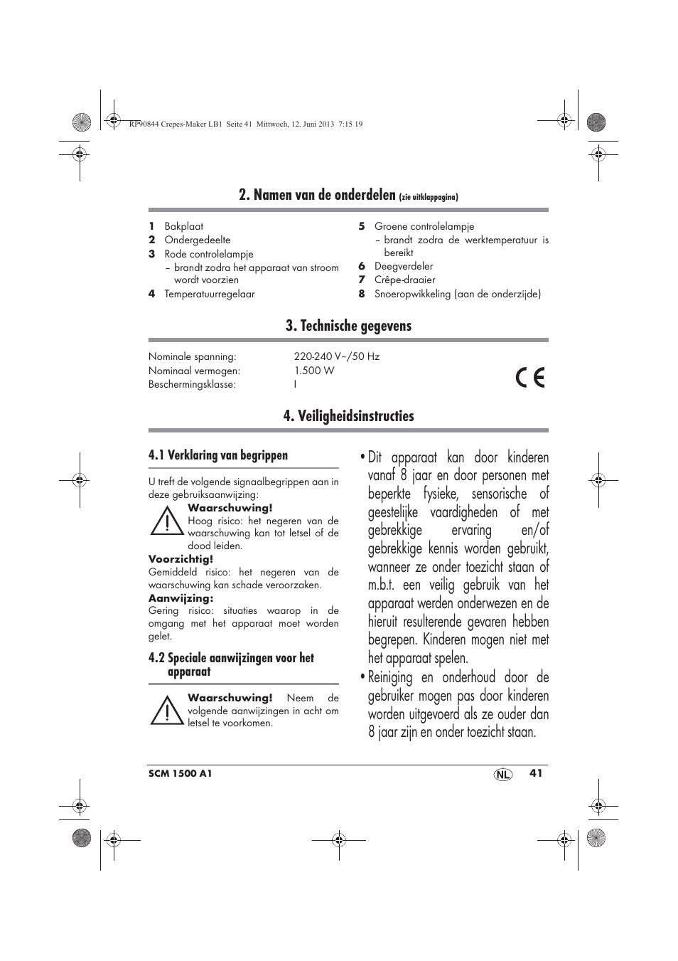 Namen van de onderdelen, Technische gegevens, Veiligheidsinstructies | Silvercrest SCM 1500 A1 User Manual | Page 43 / 66