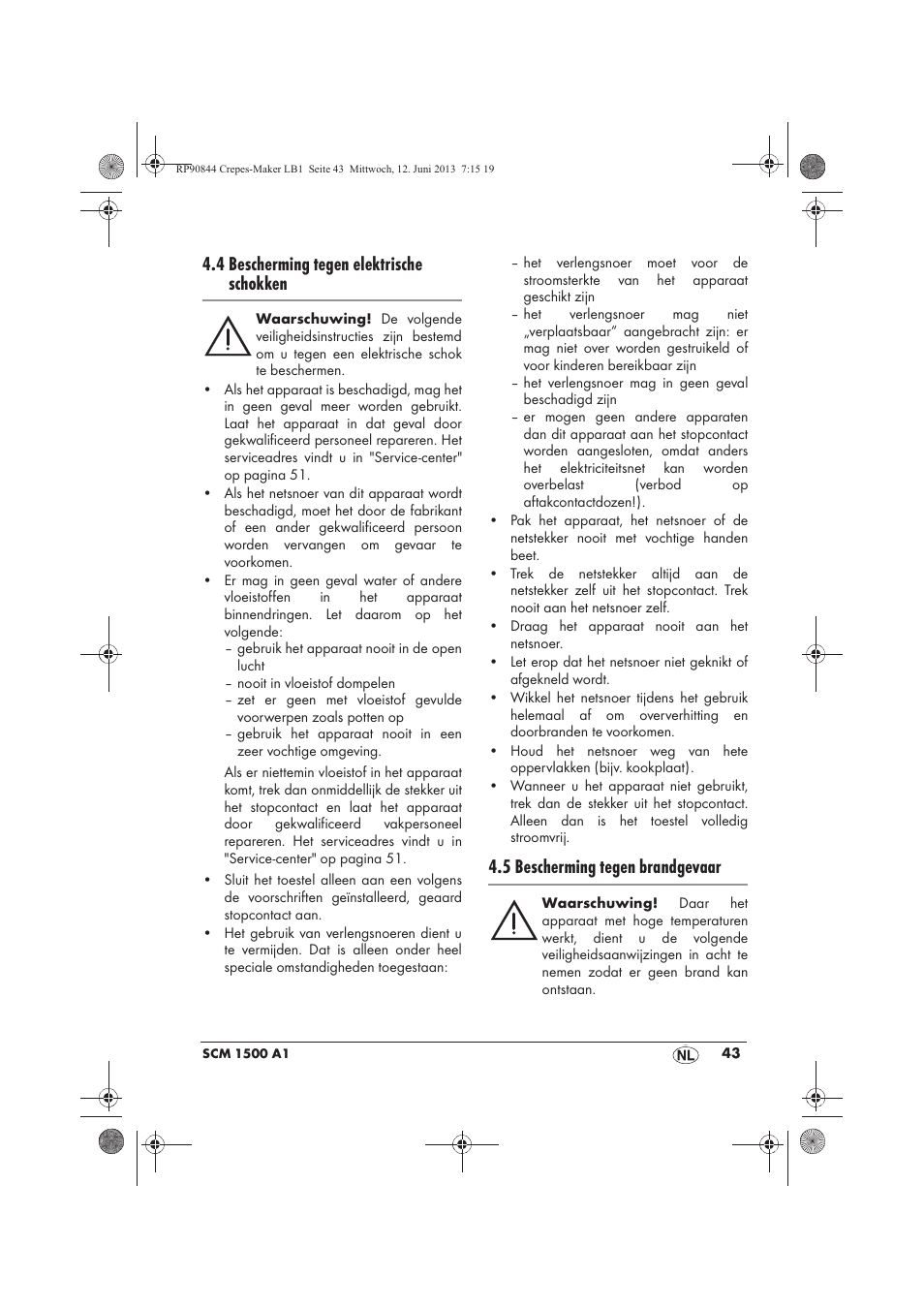 4 bescherming tegen elektrische schokken, 5 bescherming tegen brandgevaar | Silvercrest SCM 1500 A1 User Manual | Page 45 / 66