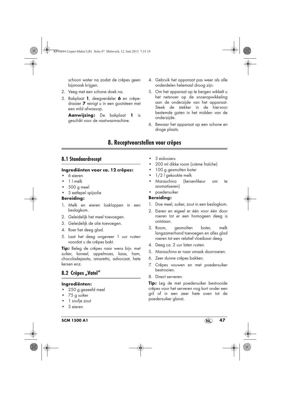 Receptvoorstellen voor crêpes, 1 standaardrecept, 2 crêpes „vatel | Silvercrest SCM 1500 A1 User Manual | Page 49 / 66