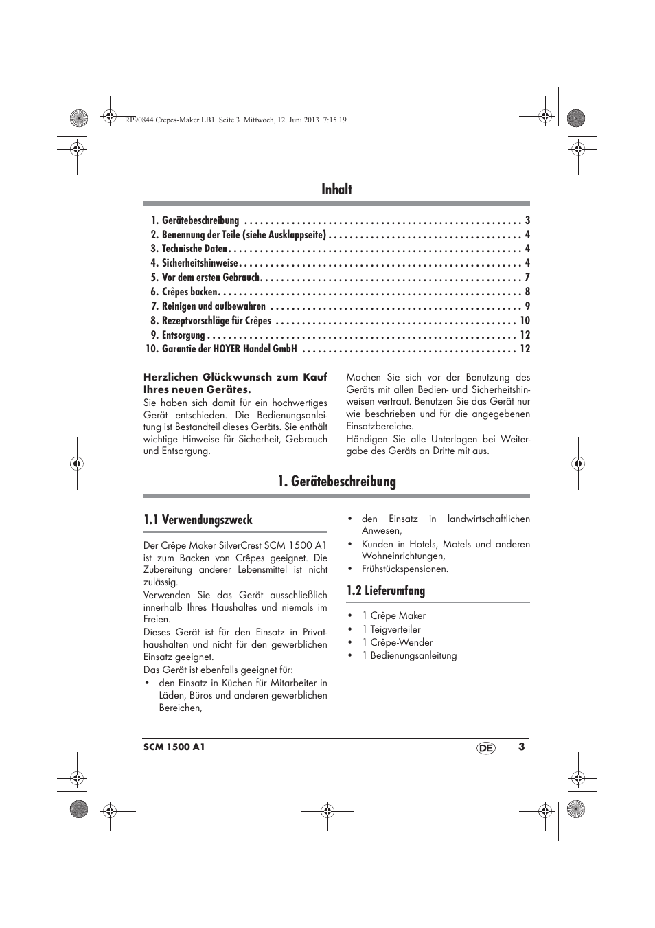 Inhalt, Gerätebeschreibung, 1 verwendungszweck | 2 lieferumfang | Silvercrest SCM 1500 A1 User Manual | Page 5 / 66