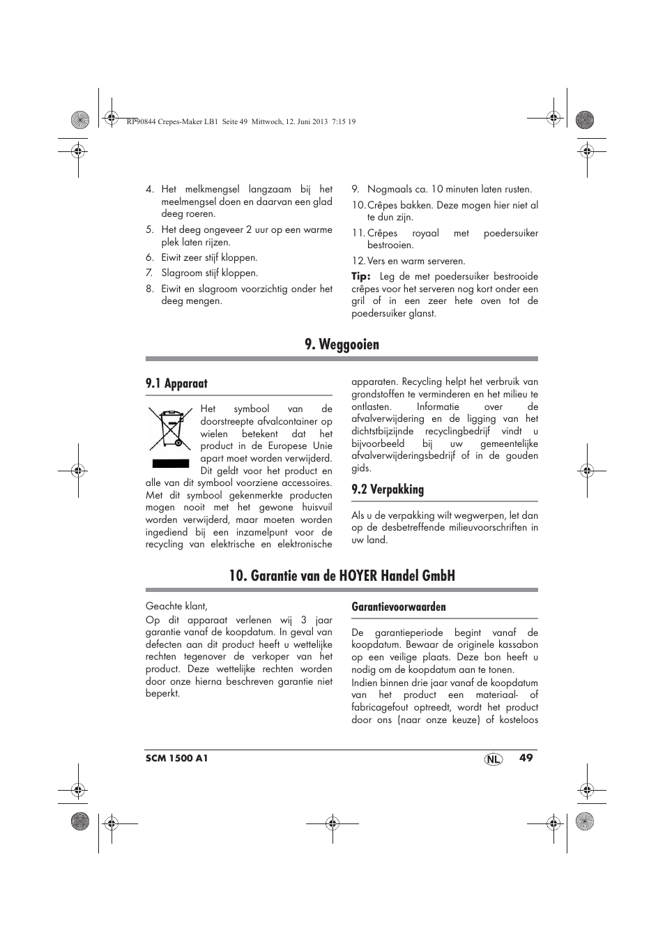 Weggooien, Garantie van de hoyer handel gmbh, 1 apparaat | 2 verpakking | Silvercrest SCM 1500 A1 User Manual | Page 51 / 66