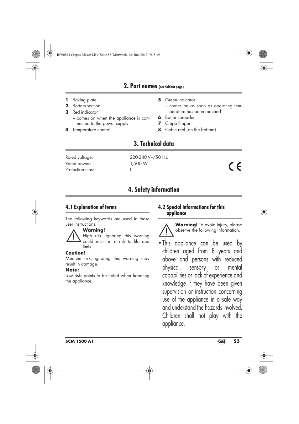 Part names, Technical data, Safety information | Silvercrest SCM 1500 A1 User Manual | Page 55 / 66