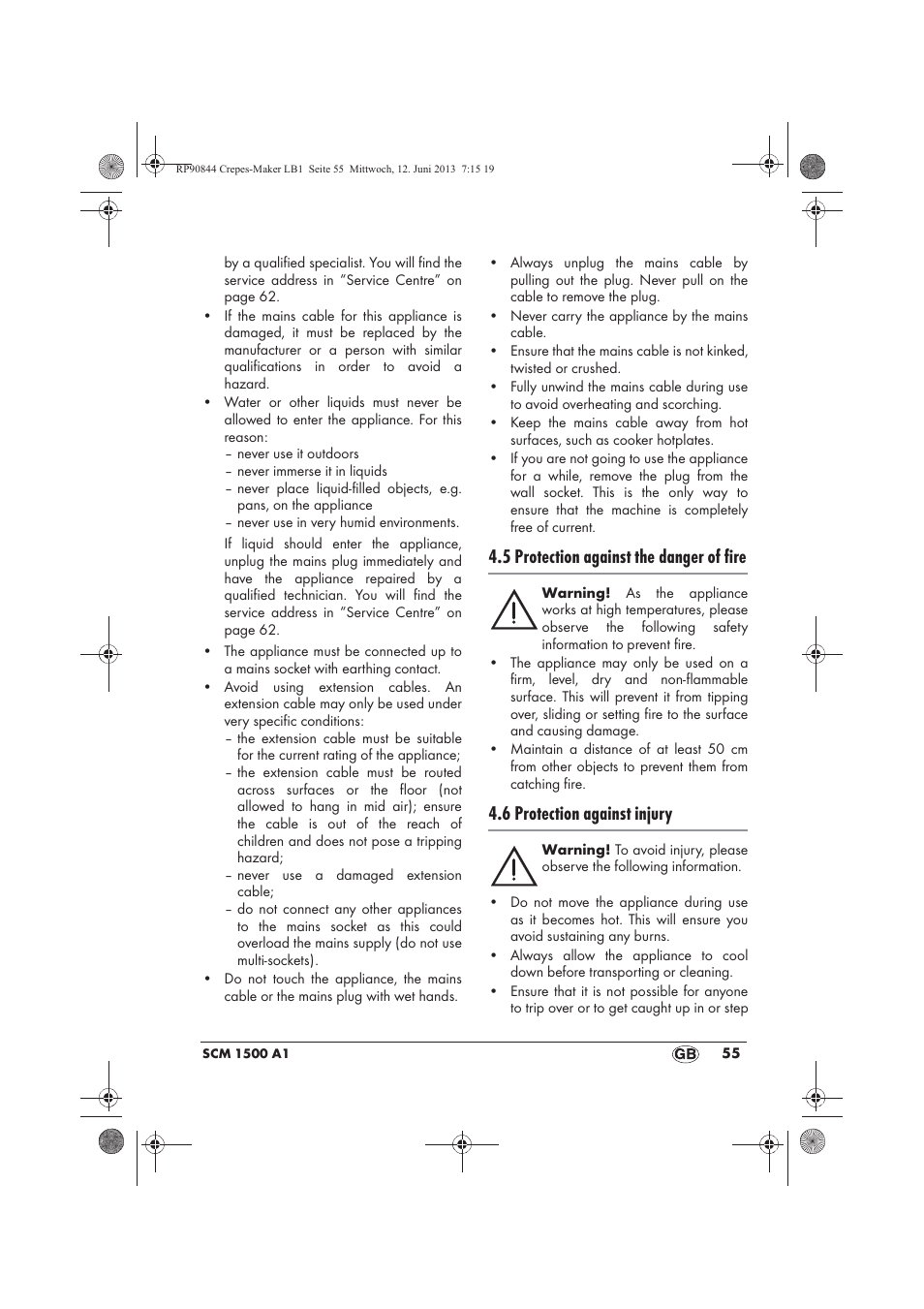 5 protection against the danger of fire, 6 protection against injury | Silvercrest SCM 1500 A1 User Manual | Page 57 / 66