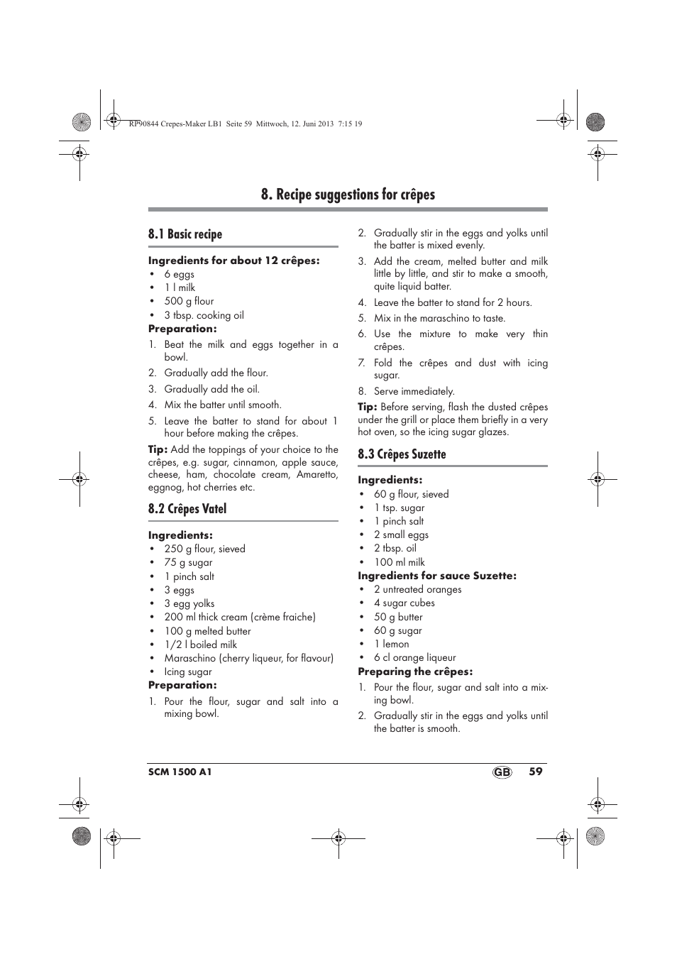 Recipe suggestions for crêpes, 1 basic recipe, 2 crêpes vatel | 3 crêpes suzette | Silvercrest SCM 1500 A1 User Manual | Page 61 / 66