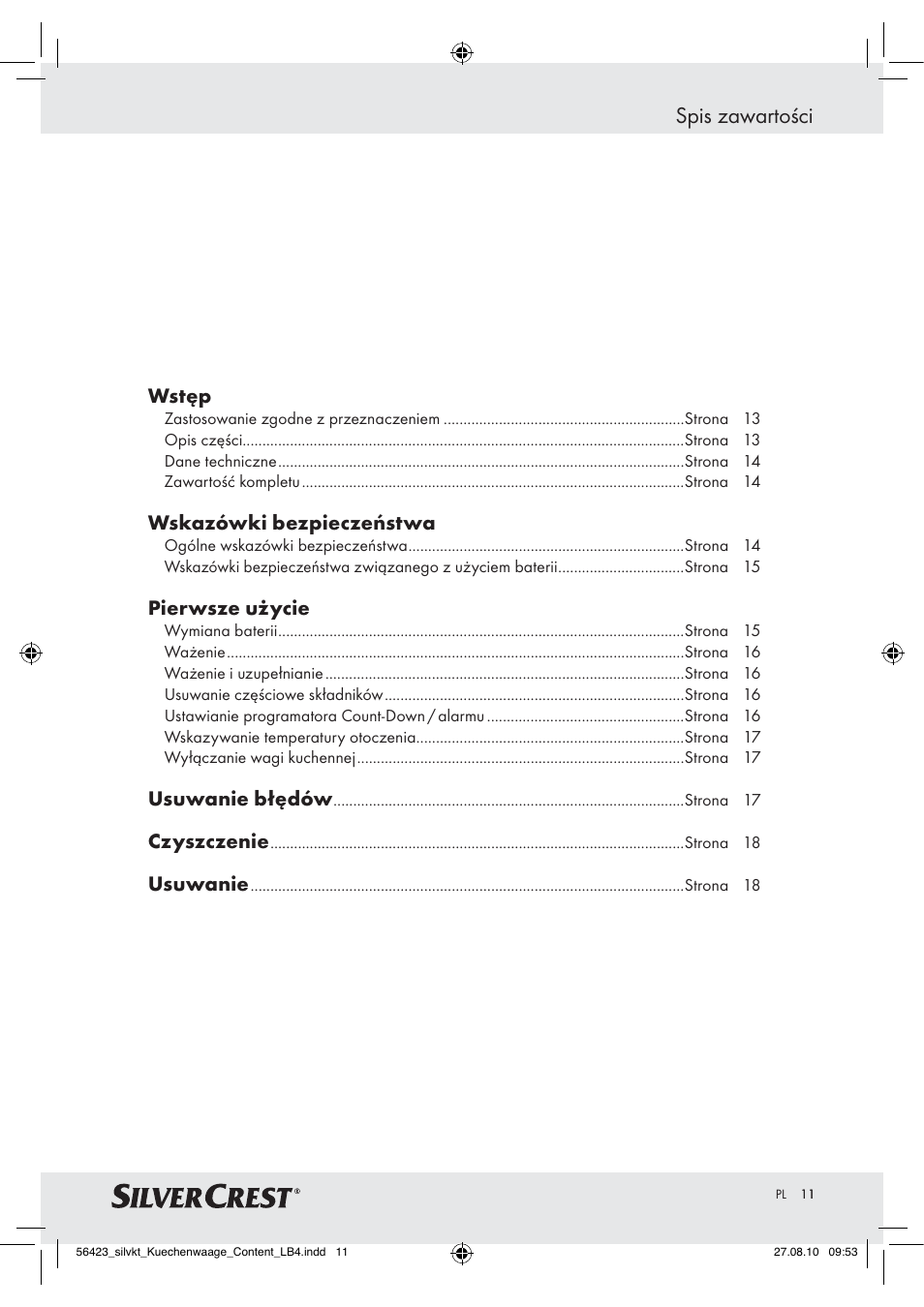 Spis zawartości, Wstęp, Wskazówki bezpieczeństwa | Pierwsze użycie, Usuwanie błędów, Czyszczenie, Usuwanie | Silvercrest H14271 H14271 User Manual | Page 11 / 59